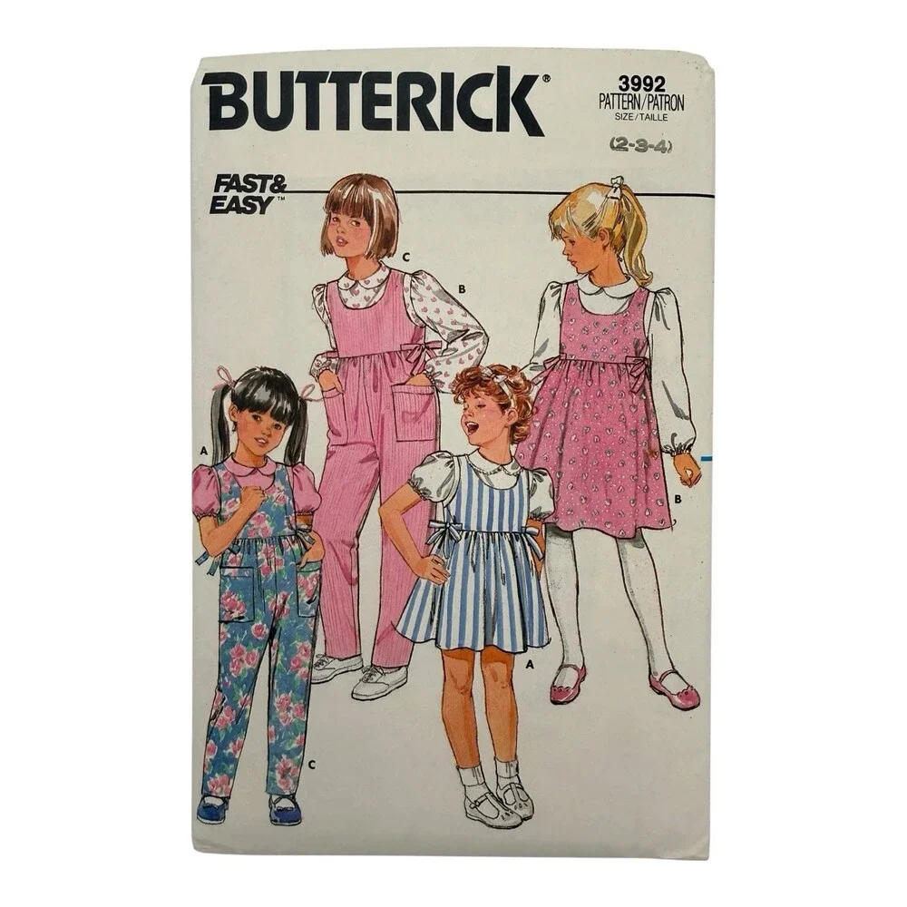 VTG 1986 Butterick Sewing Pattern Childs Jumper Jumpsuit & Blouse Sz 2-3-4 #3992